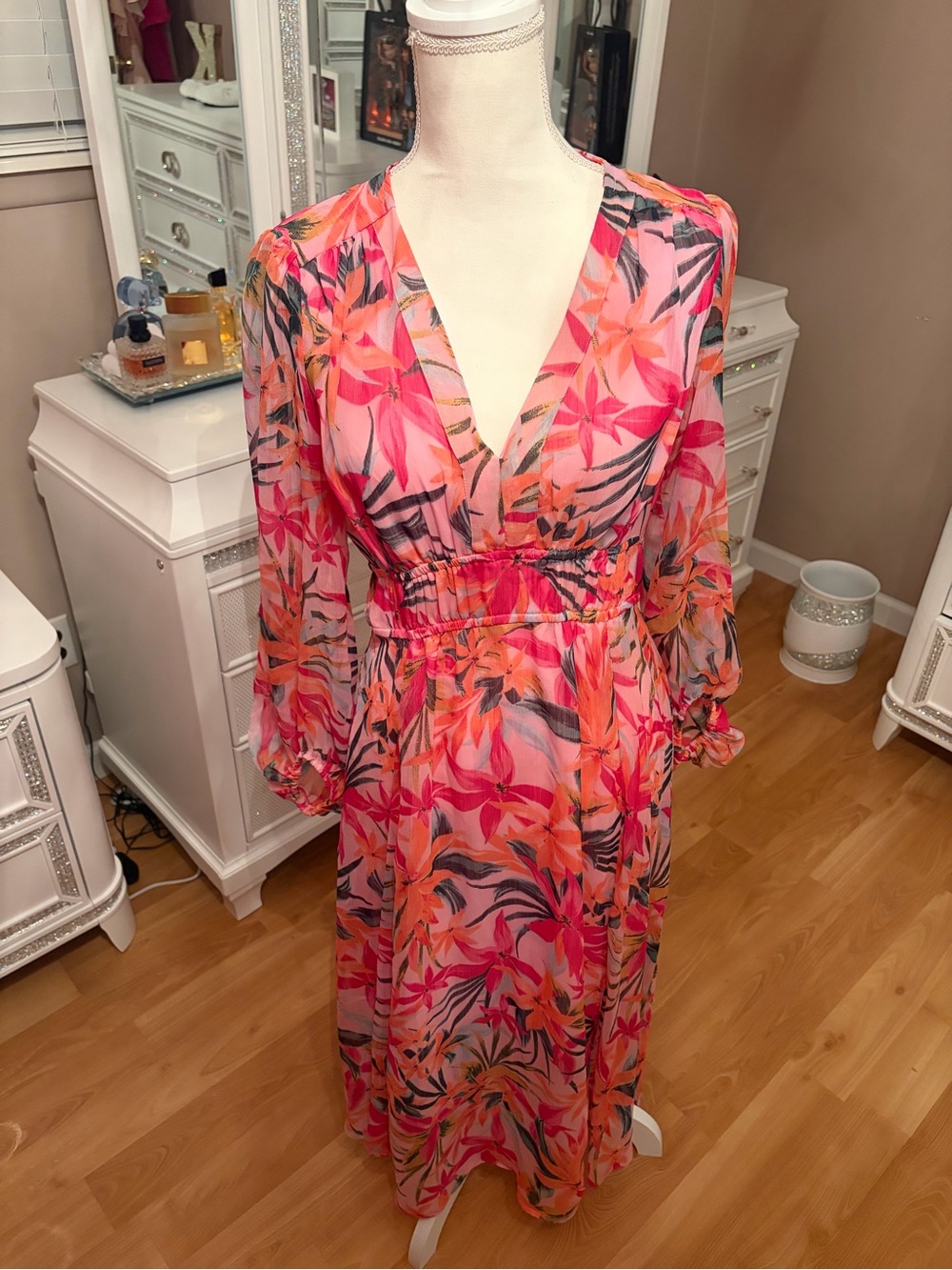 Jessica Simpson Pink Floral Bonita Chiffon Long Sleeve Maxi Dress Size M